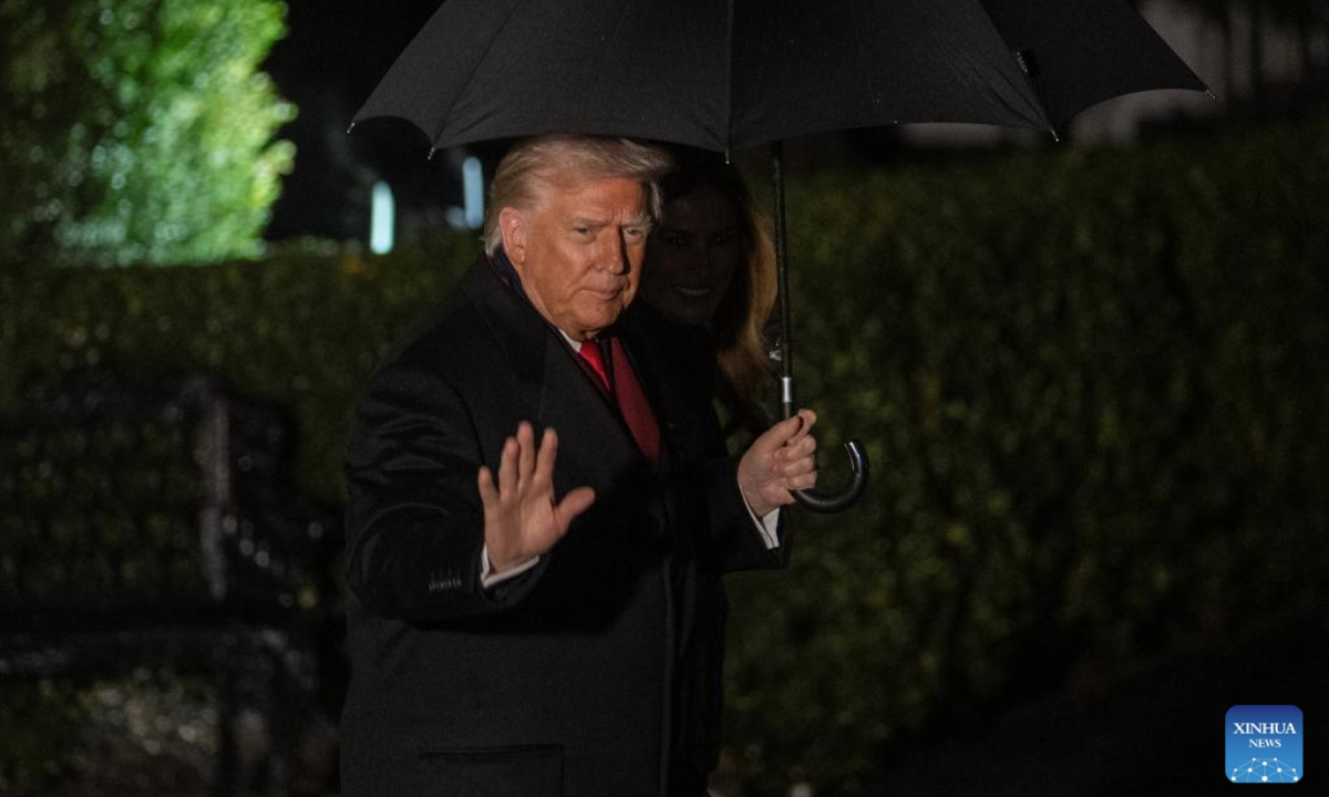 U.S. President Donald Trump and First Lady Melania Trump depart the White House in Washington, D.C. on Nov. 25, 2025. U.S. President Donald Trump said Tuesday he has directed his special envoy Steve Witkoff to meet with Russian President Vladimir Putin in Moscow in hope of finalizing a peace deal on the Ukraine crisis. (Xinhua/Hu Yousong)