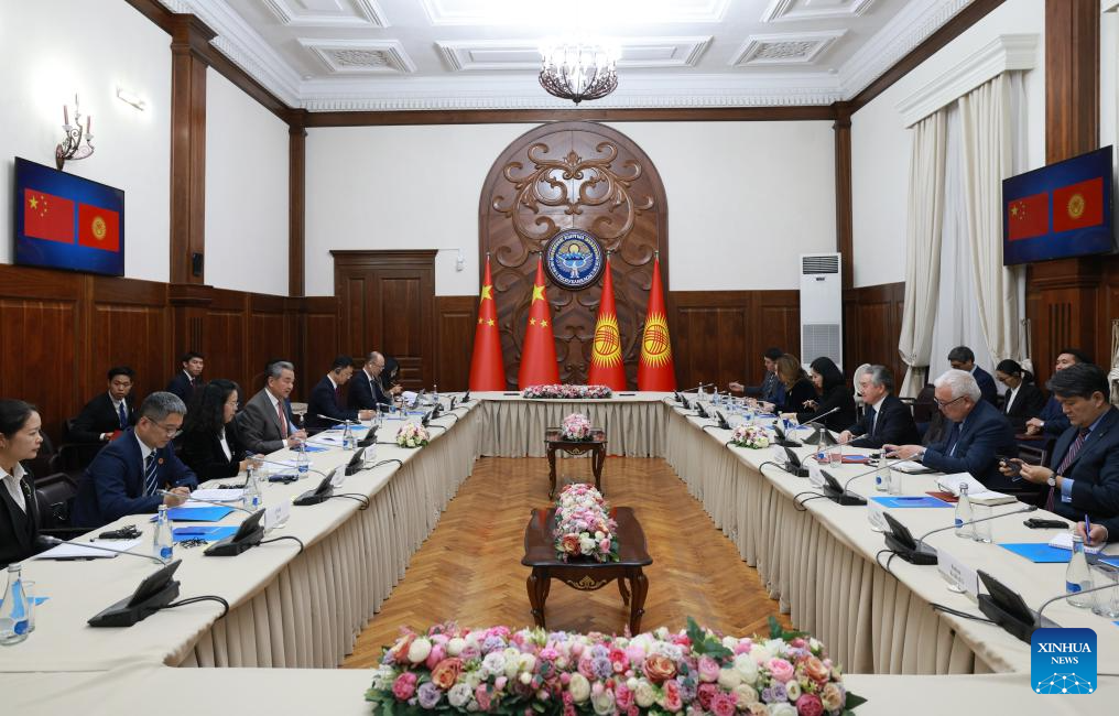 Chinese Foreign Minister Wang Yi, also a member of the Political Bureau of the Communist Party of China Central Committee, holds the first China-Kyrgyzstan foreign ministers' strategic dialogue with Kyrgyz Foreign Minister Jeenbek Kulubaev in Bishkek, Kyrgyzstan, Nov. 19, 2025. (Photo by Roman/Xinhua)