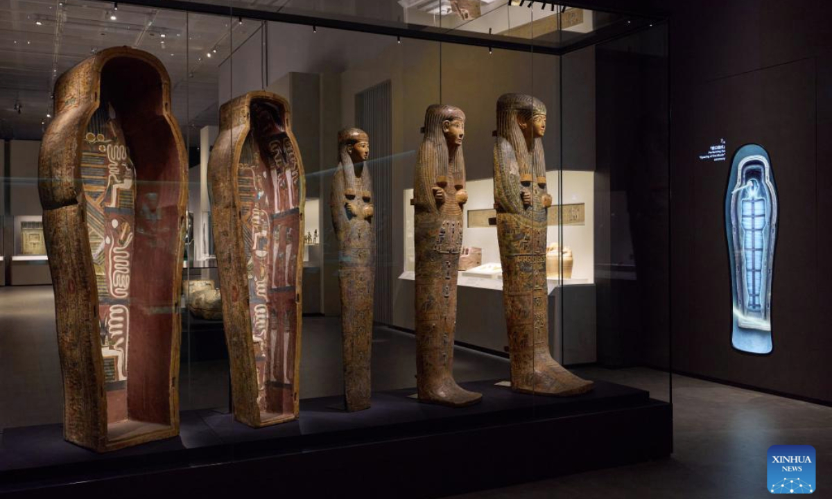 This photo taken on Nov. 18, 2025 shows some artefacts during the exhibition Ancient Egypt Unveiled: Treasures from Egyptian Museums at the Hong Kong Palace Museum in Hong Kong, south China. (Hong Kong Palace Museum/Handout via Xinhua)