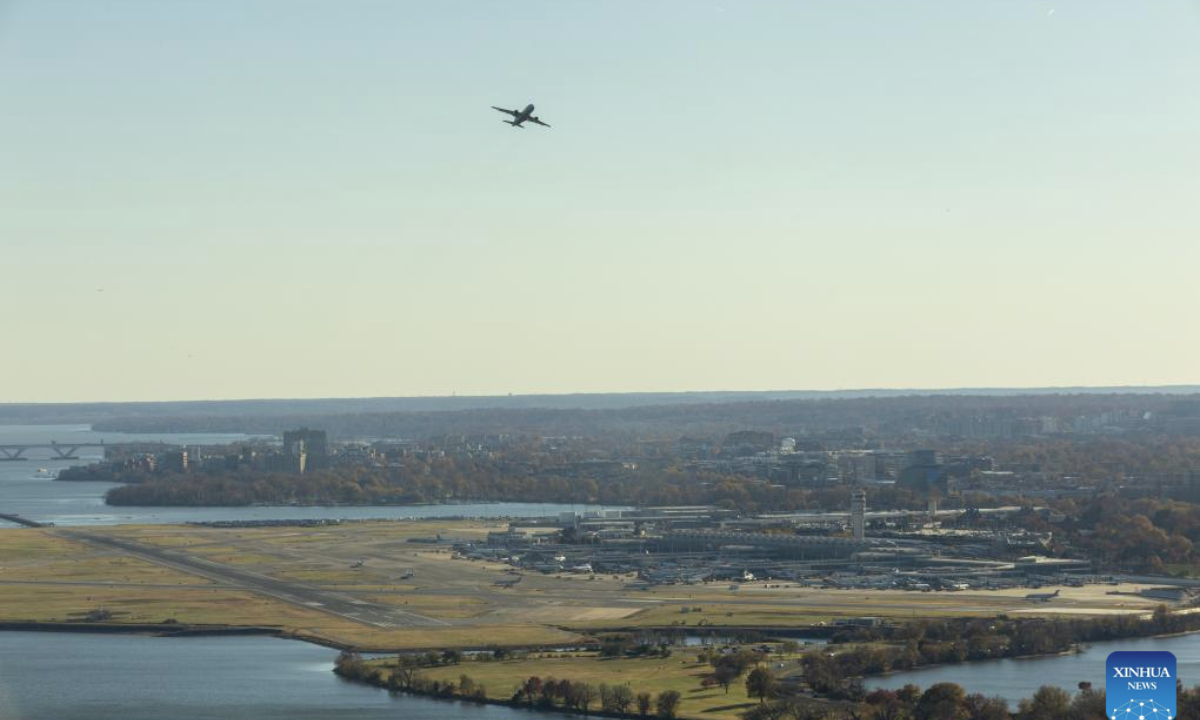 The photo taken from atop the Washington Monument on Nove. 17, 2025 shows Ronald Reagan Washington National Airport in Arlington, Virginia, the United States. (Xinhua/Hu Yousong)