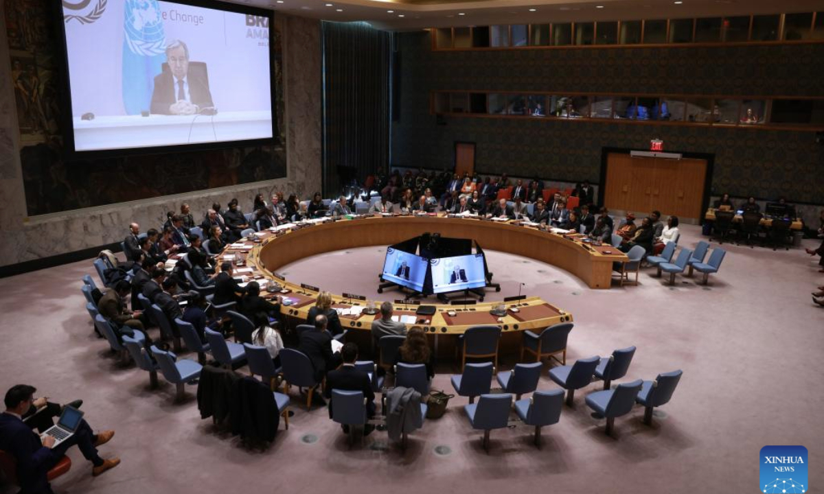 The United Nations Security Council holds a meeting on peace consolidation in West Africa at the UN headquarters in New York, Nov. 18, 2025. UN Secretary-General Antonio Guterres on Tuesday called for regional unity to fight terrorism in West Africa and the Sahel. (Xinhua/Xie E)