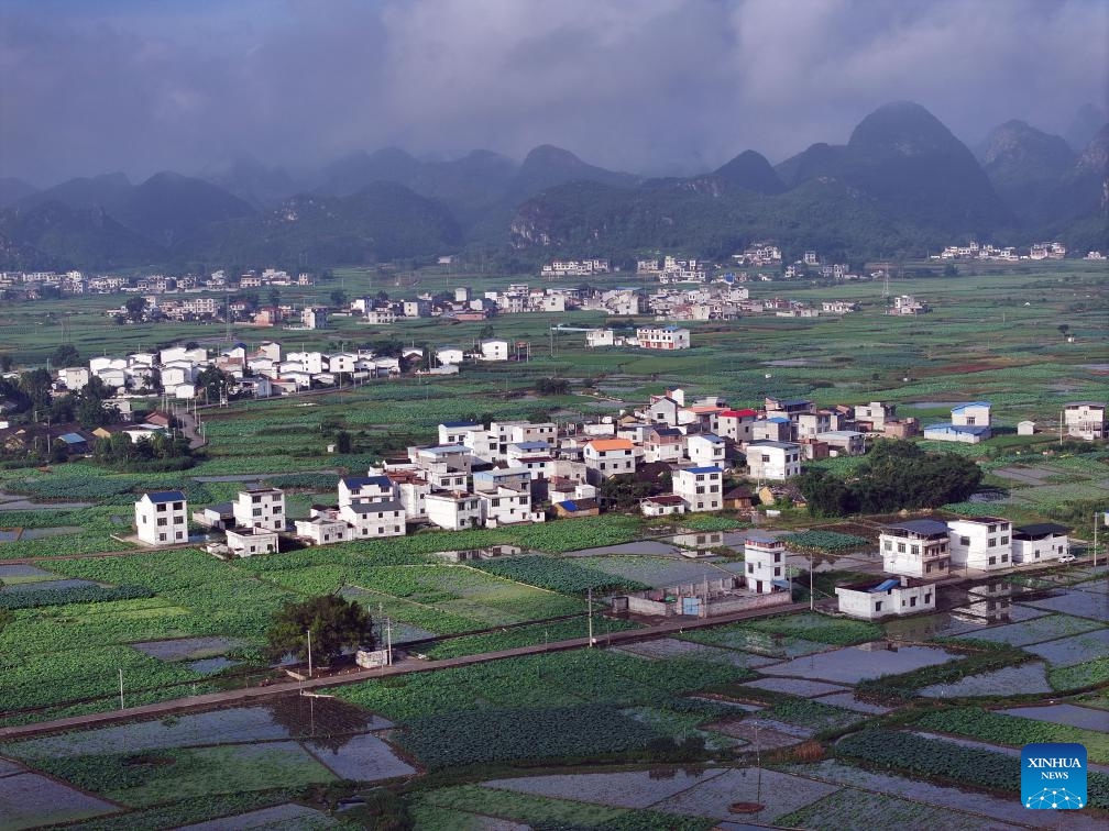 An aerial drone photo taken on July 2, 2025 shows the Baipeng Village of Liujiang District, Liuzhou City, south China's Guangxi Zhuang Autonomous Region. (Photo: Xinhua)