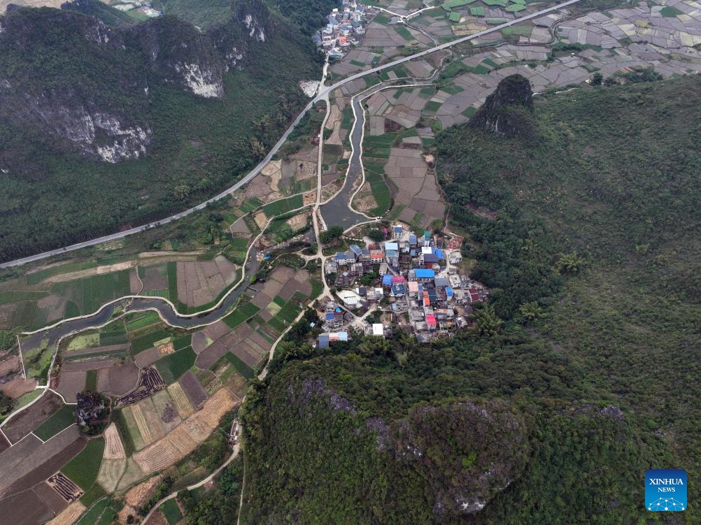 An aerial drone photo taken on Nov. 1, 2025 shows the Baipeng Village of Liujiang District, Liuzhou City, south China's Guangxi Zhuang Autonomous Region. (Photo: Xinhua)