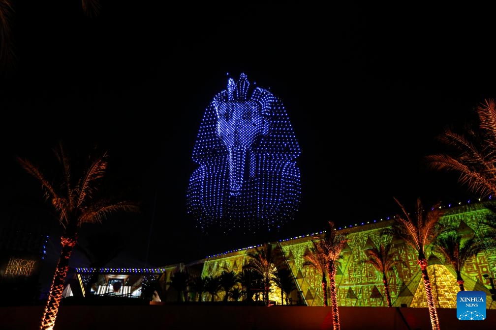 This photo taken on Nov. 1, 2025 shows a drone and light show during the inauguration of the Grand Egyptian Museum (GEM) in Giza, Egypt. After two decades of construction, Egypt on Saturday inaugurated the GEM -- the world's largest museum dedicated to a single civilization -- during a grand ceremony held near the pyramids and the Sphinx, marking a landmark cultural event for the country renowned for its rich heritage. (Photo: Xinhua)