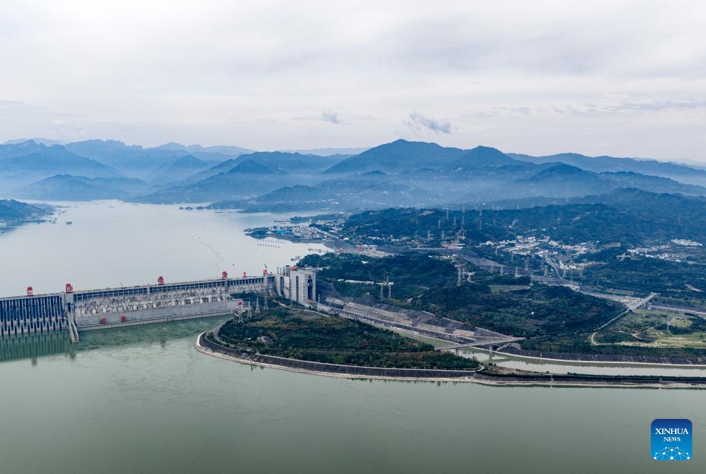 An aerial drone photo taken on Nov. 2, 2025 shows the Three Gorges Dam and its outbound power transmission lines in Yichang, central China's Hubei Province. The Three Gorges project, the world's largest hydropower project, has generated over 423 billion kWh of electricity since it was officially certified as complete and fully functioning on Nov. 1, 2020. (Photo: Xinhua)