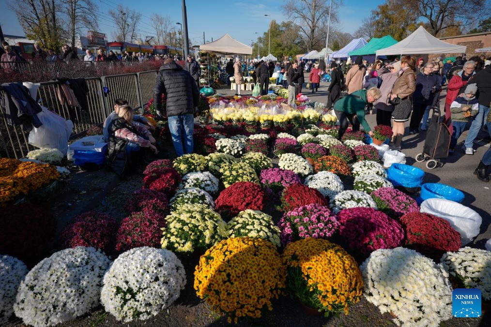 People buy flowers before visiting a cemetery to commemorate All Saints' Day in Warsaw, Poland on Nov. 1, 2025. Saturday marks All Saints' Day in Poland, when people traditionally return home to reunite with family members and visit cemeteries to honor their ancestors. (Photo: Xinhua)