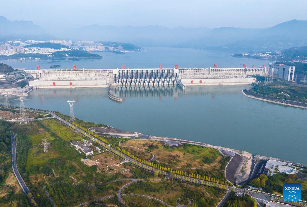 An aerial drone photo taken on Nov. 2, 2025 shows the Three Gorges Dam in Yichang, central China's Hubei Province. The Three Gorges project, the world's largest hydropower project, has generated over 423 billion kWh of electricity since it was officially certified as complete and fully functioning on Nov. 1, 2020. (Photo: Xinhua)