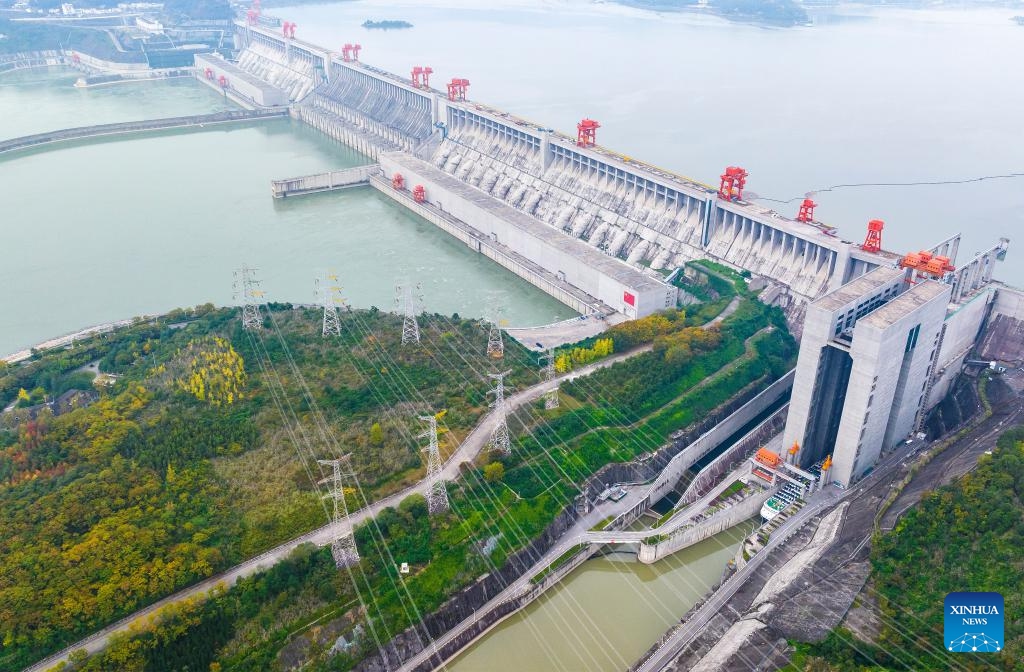 An aerial drone photo taken on Nov. 2, 2025 shows the Three Gorges Dam and its outbound power transmission lines in Yichang, central China's Hubei Province. The Three Gorges project, the world's largest hydropower project, has generated over 423 billion kWh of electricity since it was officially certified as complete and fully functioning on Nov. 1, 2020. (Photo: Xinhua)