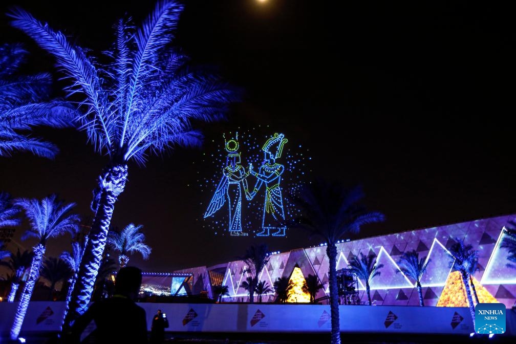This photo taken on Nov. 1, 2025 shows a drone and light show during the inauguration of the Grand Egyptian Museum (GEM) in Giza, Egypt. After two decades of construction, Egypt on Saturday inaugurated the GEM -- the world's largest museum dedicated to a single civilization -- during a grand ceremony held near the pyramids and the Sphinx, marking a landmark cultural event for the country renowned for its rich heritage. (Photo: Xinhua)