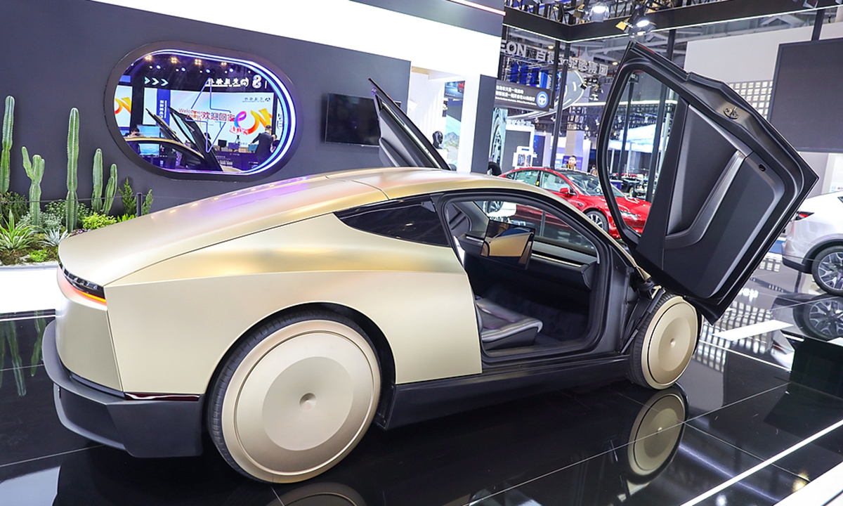 A Tesla Cybercab, its autonomous electric vehicle, is displayed at the 8th China International Import Expo in Shanghai on November 5, 2025. Photo: VCG