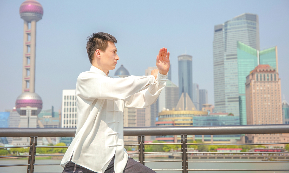 A man practices Taijiquan in Shanghai. 