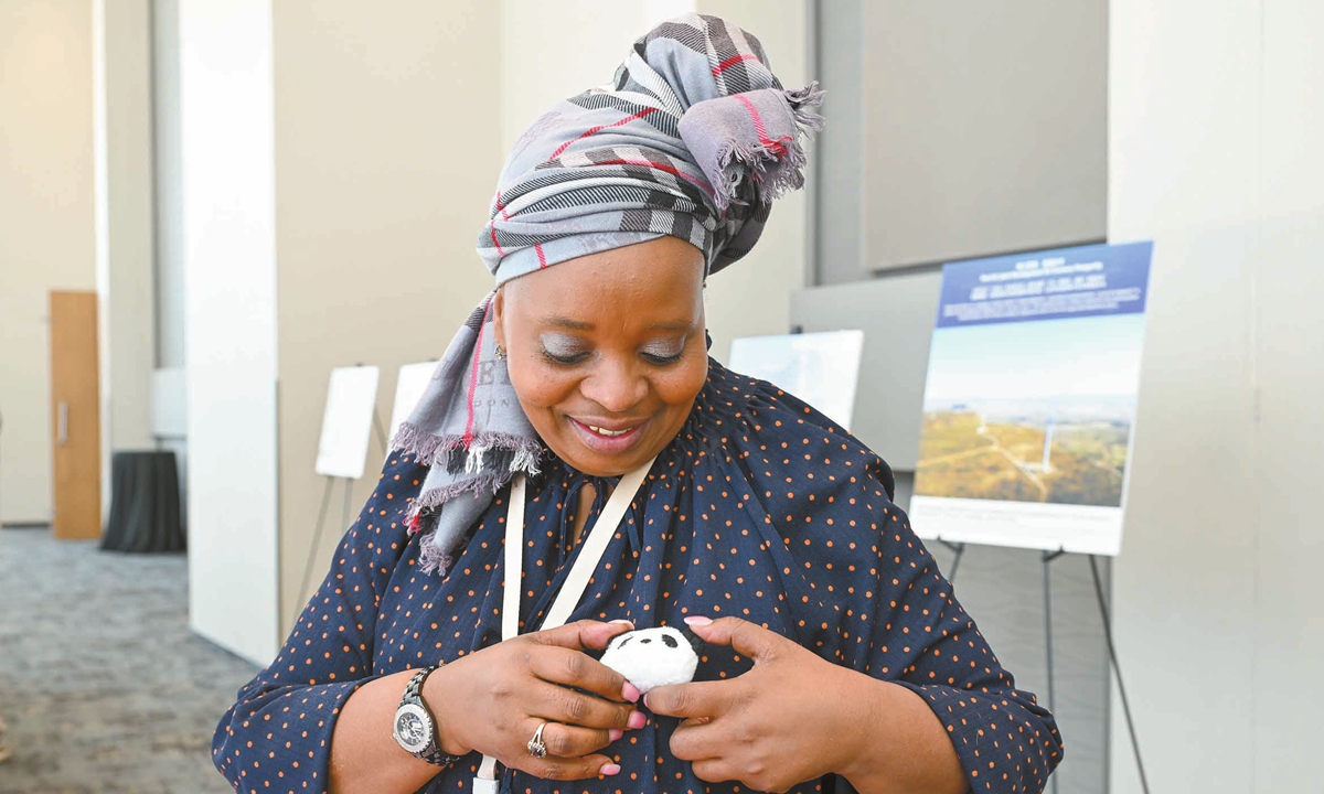 A guest views and picks creative products from the Global Times on display at the photo exhibition held in Johannesburg, South Africa, on November 5, 2025. Photo: Chen Tao/GT
