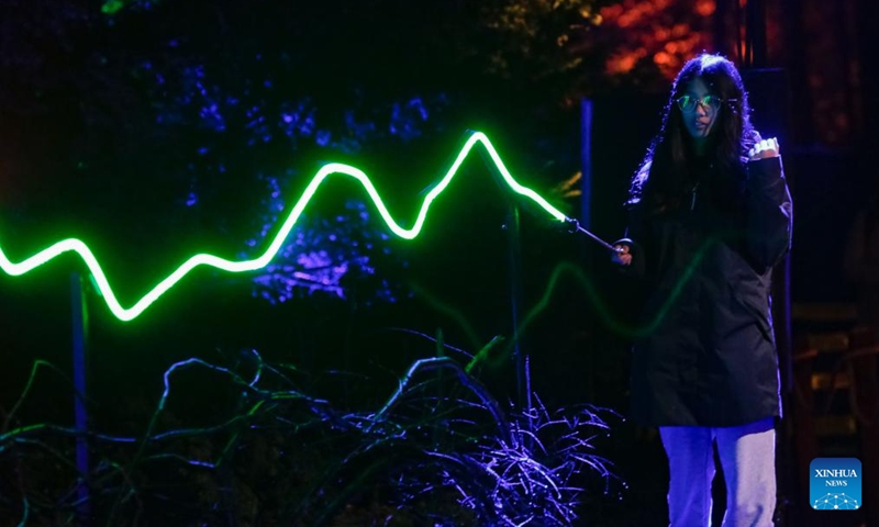A teenager plays with an interactive installation during a media preview of the Harry Potter: A Forbidden Forest Experience at Stanley Park in Vancouver, British Columbia, Canada, Nov. 6, 2025. The immersive outdoor event allows visitors to explore a themed trail inspired by the Forbidden Forest from the Harry Potter films. Through virtual reality effects and lighting installations, the woodland is transformed into a magical pathway featuring mystical creatures, interactive displays, and a themed village. The event made its Canadian debut in Vancouver on Nov. 7 and run until Dec. 7. Photo: Xinhua
