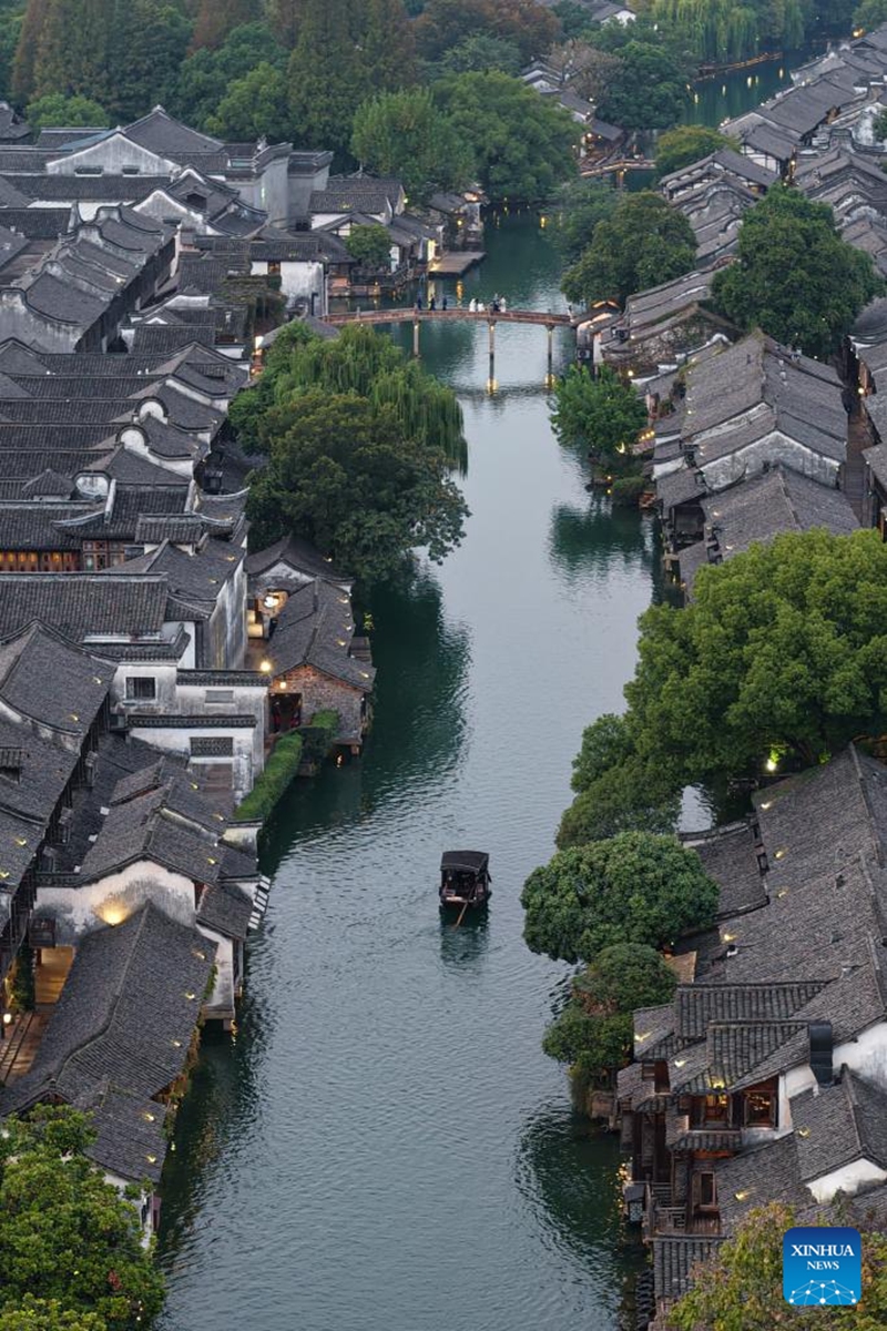 An aerial drone photo taken on Nov. 5, 2025 shows a view of the Xizha scenic area near the Wuzhen Internet International Exhibition & Convention Center, a venue of the 2025 World Internet Conference Wuzhen Summit, in Wuzhen, east China's Zhejiang Province. The 2025 World Internet Conference Wuzhen Summit kicked off here on Thursday, with a focus on building a community with a shared future in cyberspace, according to its organizers. Photo: Xinhua