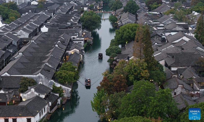 An aerial drone photo taken on Nov. 5, 2025 shows a view of the Xizha scenic area near the Wuzhen Internet International Exhibition & Convention Center, a venue of the 2025 World Internet Conference Wuzhen Summit, in Wuzhen, east China's Zhejiang Province. The 2025 World Internet Conference Wuzhen Summit kicked off here on Thursday, with a focus on building a community with a shared future in cyberspace, according to its organizers. Photo: Xinhua