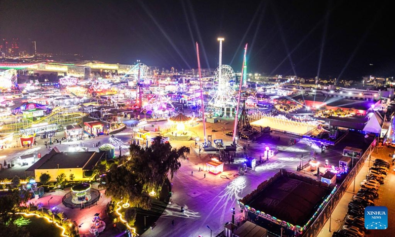 An aerial drone photo shows a view of the Winter Wonderland Kuwait in Hawalli Governorate, Kuwait, Nov. 6, 2025. Winter Wonderland Kuwait, one of the largest entertainment projects in the country, opened its fourth season here on Thursday. Photo: Xinhua