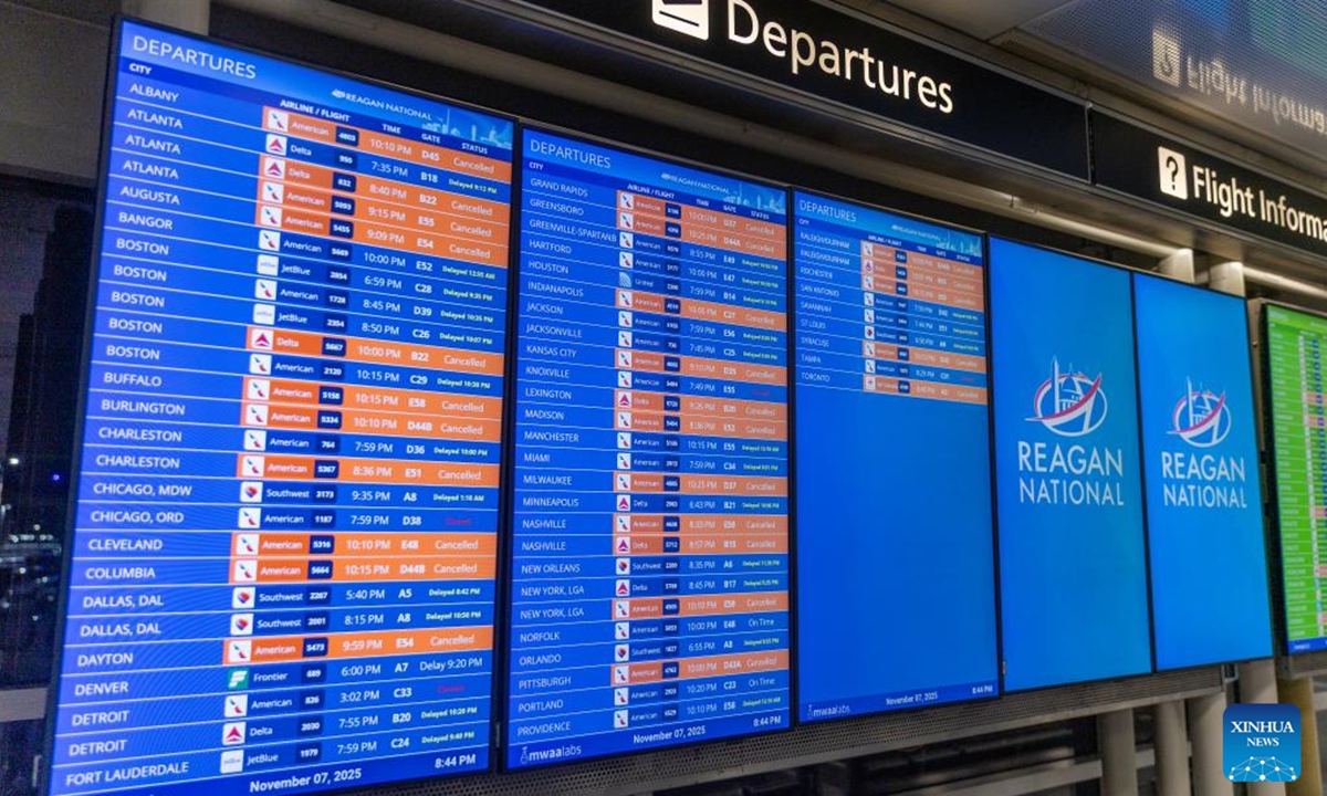This photo taken on Nov. 7, 2025 shows a flight information board at Ronald Reagan Washington National Airport in Arlington, Virginia, the United States. Over 1,000 U.S. flights were canceled on Friday as a reduction in air traffic took effect amid an air traffic controller staffing shortage during the longest federal government shutdown in U.S. history. U.S. flight-tracking website FlightAware showed that as of 5 p.m. Friday, 4,309 flights had been delayed and 1,002 canceled. Transportation Secretary Sean Duffy said Friday that flight reductions could go as high as 20 percent if the government shutdown drags on. (Xinhua/Hu Yousong)