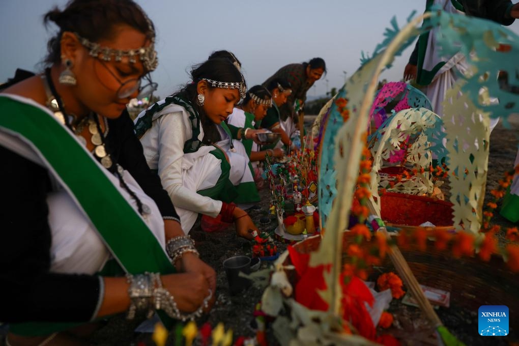 Women in traditional attire take part in the Sama Chakeva Festival in Kathmandu, Nepal, on Nov. 8, 2025. Sama Chakeva, a festival of wishing longevity, health and prosperity between brothers and sisters, was celebrated here on Saturday. (Photo by Sulav Shrestha/Xinhua)