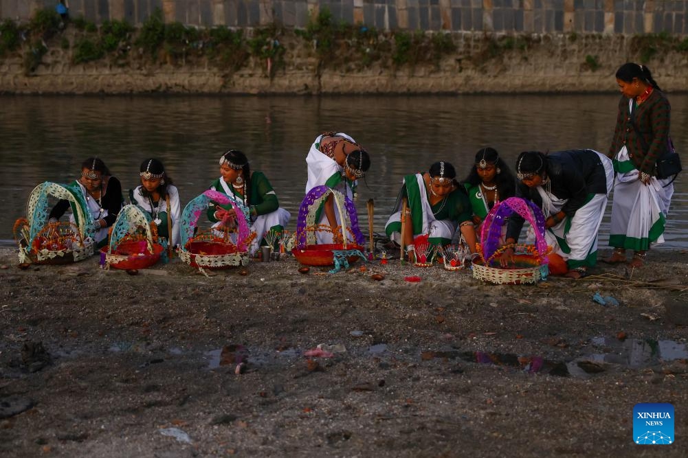 Women in traditional attire take part in the Sama Chakeva Festival in Kathmandu, Nepal, on Nov. 8, 2025. Sama Chakeva, a festival of wishing longevity, health and prosperity between brothers and sisters, was celebrated here on Saturday. (Photo by Sulav Shrestha/Xinhua)
