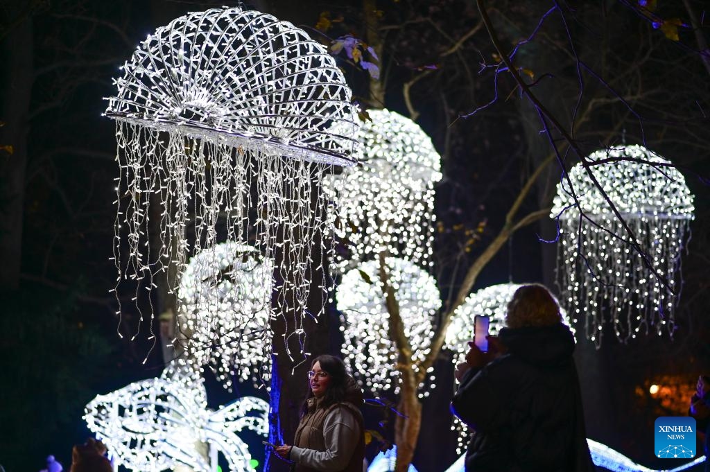 People visit the Magical Botanical Garden light show at the University of Warsaw Botanical Garden in Warsaw, Poland on Nov. 8, 2025.
The show opened here Saturday night and will run through mid-February 2026. (Photo by Aleksy Witwicki/Xinhua)