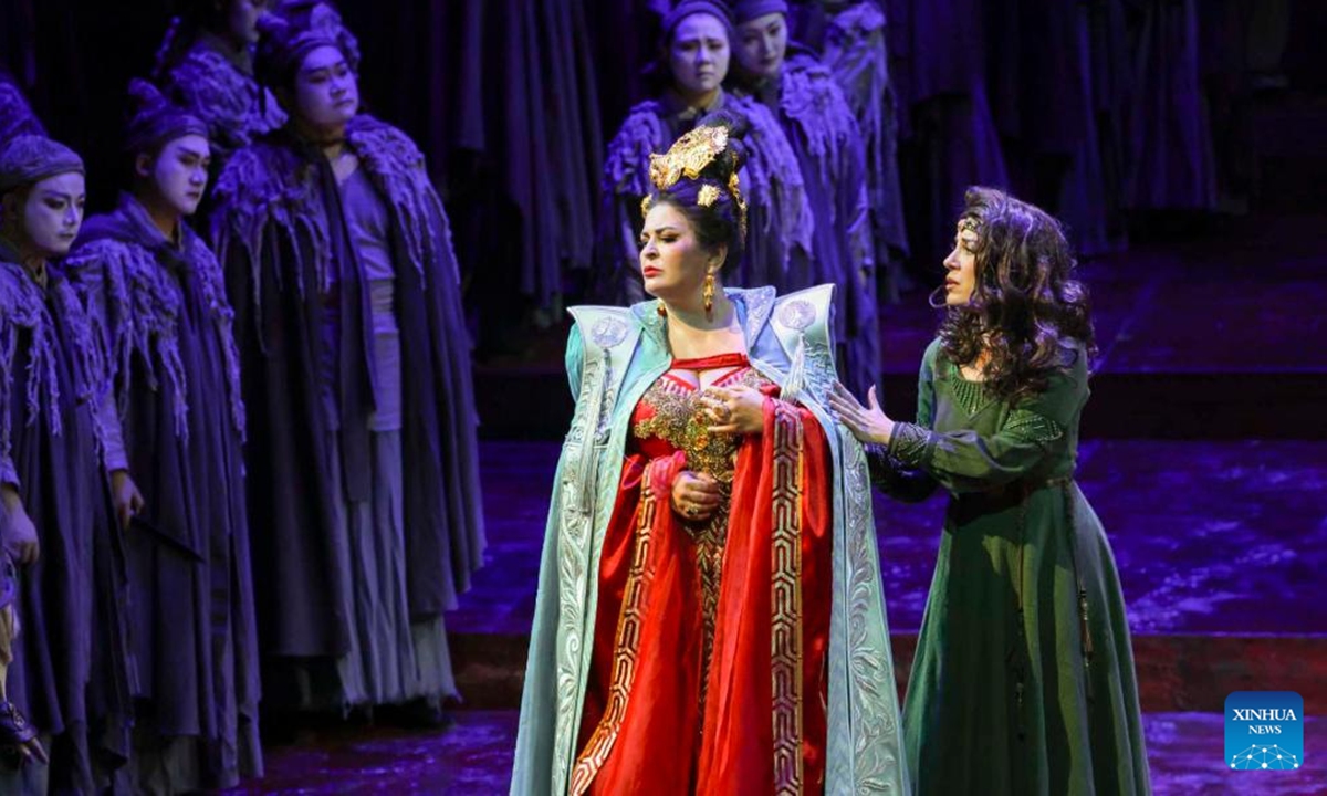 A reimagined version of Turandot is staged at the Shaanxi Opera House in Xi'an, capital of northwest China's Shaanxi Province, Nov. 9, 2025.(Shaanxi Opera House/Handout via Xinhua)