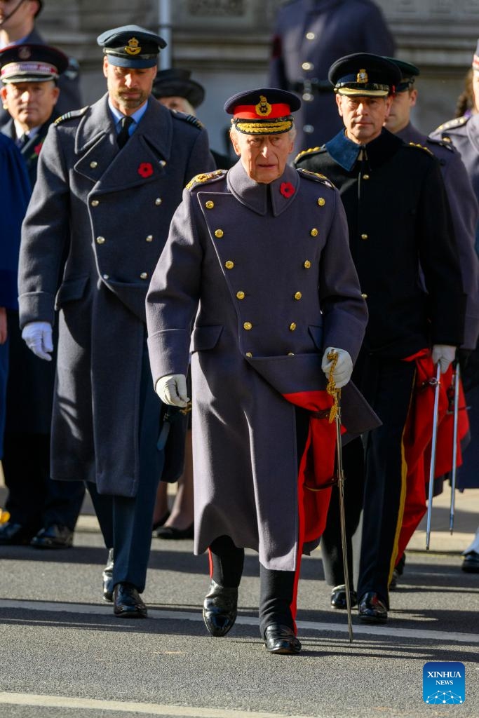 Britain's King Charles III (front), Prince William (2nd L) and Prince Edward attend the Remembrance Sunday ceremony in London, Britain, on Nov. 9, 2025. The Remembrance Sunday ceremony is an annual event to pay tribute to the war dead of Britain and the Commonwealth, which is held on the nearest Sunday to the anniversary of the end of World War I on Nov. 11, 1918. (Photo by Ray Tang/Xinhua)