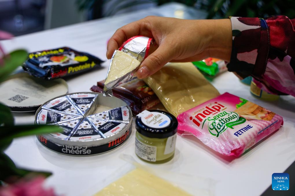 This photo shows cheese and butter products at the booth of Inalpi, an Italian dairy company, at the Food and Agricultural Products exhibition area during the eighth China International Import Expo (CIIE) in east China's Shanghai, on Nov. 9, 2025. Agriculture is an industrial pillar of Italy, a country which uses 56 percent of its land for agriculture. The country is home to about 1.6 million farm-based businesses, many of which make agri-food products prized worldwide for their quality and craftsmanship. (Xinhua/Liu Jiaqi)