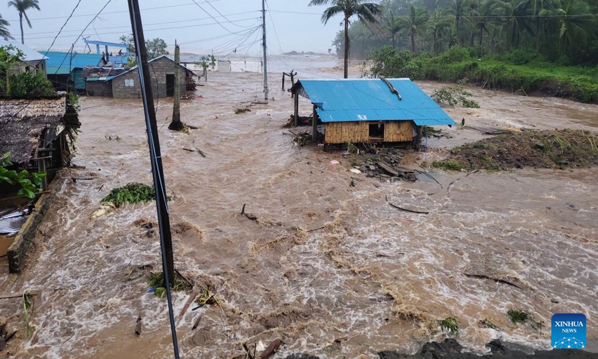 This photo shows a flooded area after typhoon Fung-wong hit Catanduanes Province, the Philippines on Nov. 9, 2025. As of Sunday morning, Fung-wong was located 125 km east of Catanduanes in the Bicol region, packing maximum sustained winds of 185 km per hour and gusts of up to 230 km per hour. It was moving west-northwest at 30 km per hour. Fung-Wong is the 21st tropical cyclone to hit the Philippines this year, surpassing the country's annual average of 20 storms. (Catanduanes LGU/Handout via Xinhua)