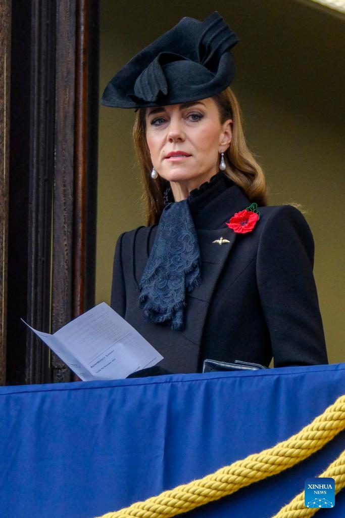 Britain's Catherine, Princess of Wales, attends the Remembrance Sunday ceremony in London, Britain, on Nov. 9, 2025. The Remembrance Sunday ceremony is an annual event to pay tribute to the war dead of Britain and the Commonwealth, which is held on the nearest Sunday to the anniversary of the end of World War I on Nov. 11, 1918. (Photo by Ray Tang/Xinhua)