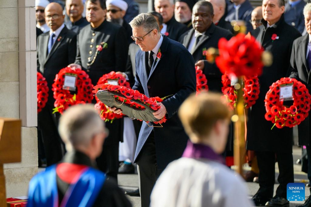 British Prime Minister Keir Starmer attends the Remembrance Sunday ceremony in London, Britain, on Nov. 9, 2025. The Remembrance Sunday ceremony is an annual event to pay tribute to the war dead of Britain and the Commonwealth, which is held on the nearest Sunday to the anniversary of the end of World War I on Nov. 11, 1918. (Photo by Ray Tang/Xinhua)