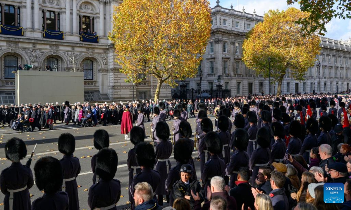 People attend the Remembrance Sunday ceremony in London, Britain, on Nov. 9, 2025. The Remembrance Sunday ceremony is an annual event to pay tribute to the war dead of Britain and the Commonwealth, which is held on the nearest Sunday to the anniversary of the end of World War I on Nov. 11, 1918. (Photo by Ray Tang/Xinhua)