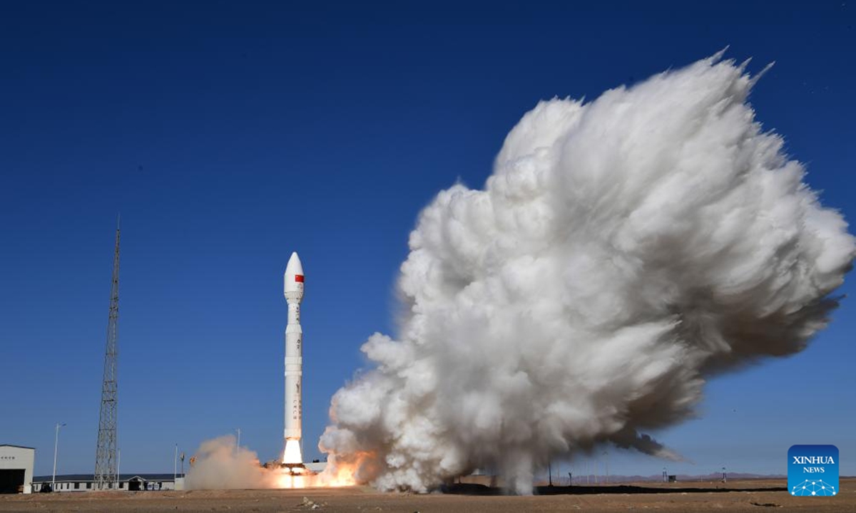 A Lijian-1 Y9 carrier rocket carrying two technical experiment satellites blasts off from the Dongfeng commercial space innovation pilot zone in northwest China, Nov. 9, 2025. The rocket blasted off at 11:32 a.m. (Beijing Time) and successfully sent the satellites into the planned orbit. (Photo by Wang Jiangbo/Xinhua)