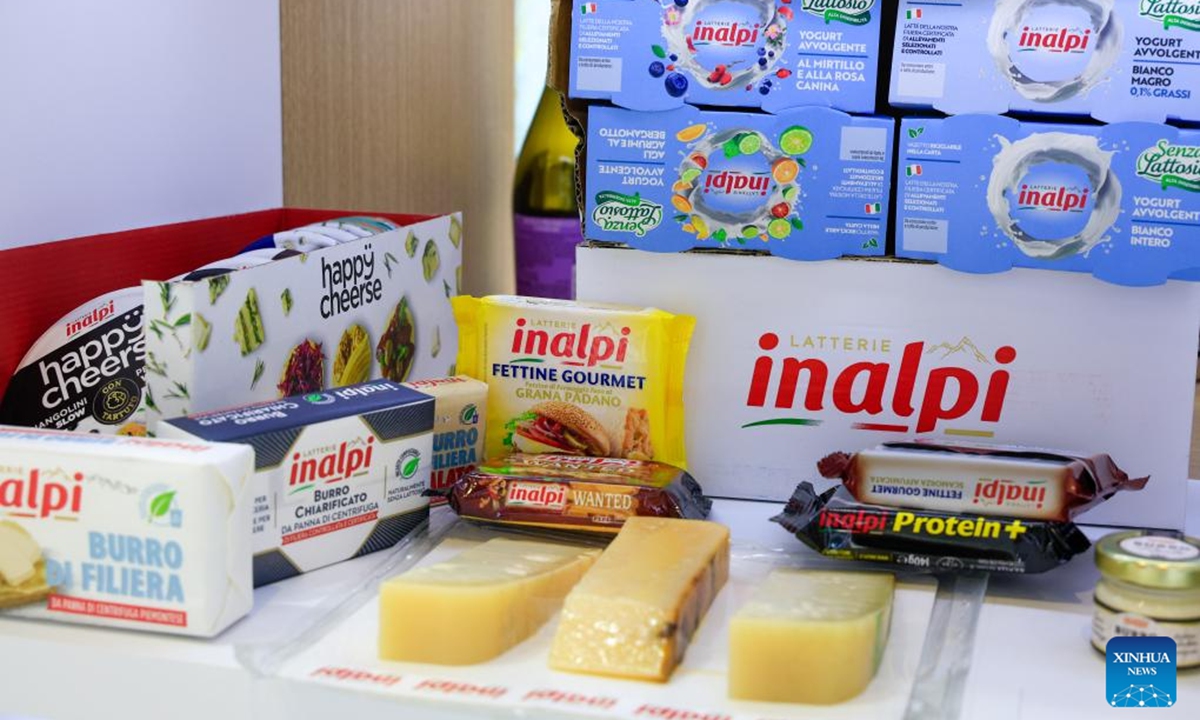 This photo shows products displayed at the booth of Inalpi, an Italian dairy company, at the Food and Agricultural Products exhibition area during the eighth China International Import Expo (CIIE) in east China's Shanghai, on Nov. 9, 2025. Agriculture is an industrial pillar of Italy, a country which uses 56 percent of its land for agriculture. The country is home to about 1.6 million farm-based businesses, many of which make agri-food products prized worldwide for their quality and craftsmanship. (Xinhua/Liu Jiaqi)