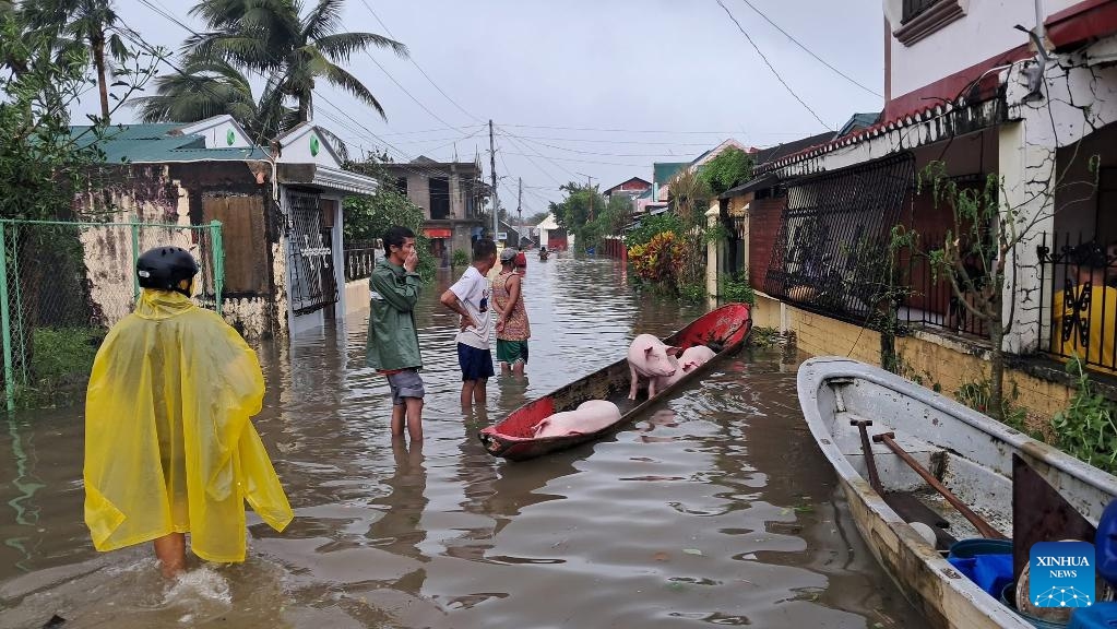 Houses are submerged in flood water due to typhoon Fung-wong in Catanduanes Province, the Philippines on Nov. 9, 2025. As of Sunday morning, Fung-wong was located 125 km east of Catanduanes in the Bicol region, packing maximum sustained winds of 185 km per hour and gusts of up to 230 km per hour. It was moving west-northwest at 30 km per hour. (Catanduanes LGU/Handout via Xinhua)
