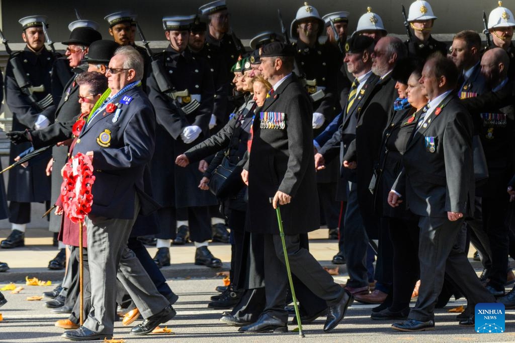 Veterans attend the Remembrance Sunday ceremony in London, Britain, on Nov. 9, 2025. The Remembrance Sunday ceremony is an annual event to pay tribute to the war dead of Britain and the Commonwealth, which is held on the nearest Sunday to the anniversary of the end of World War I on Nov. 11, 1918. (Photo by Ray Tang/Xinhua)