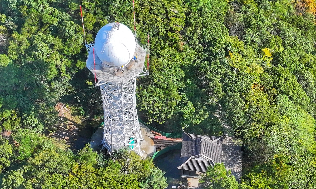 Staff members conduct trial operations on the fully solid-state X-band dual-polarization weather radar in Zhangjiagang City, East China's Jiangsu Province, on November 10, 2025. With an effective detection range of 240 kilometers and a detection height of 24 kilometers, the radar has stronger monitoring and identification capabilities than traditional radars. According to reports, the radar will be officially put into use by the end of November. Photo: VCG