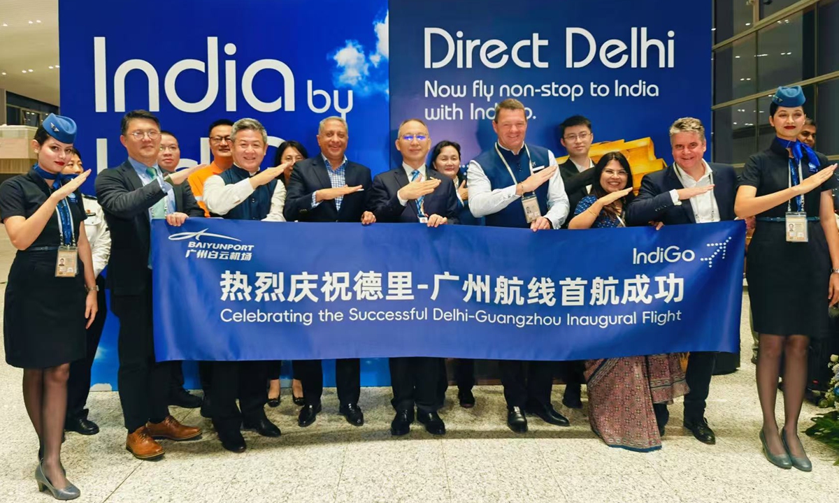 IndiGo staff members celebrate the successful Delhi-Guangzhou inaugural flight at Guangzhou Baiyun International Airport in Guangzhou, South China's Guangdong Province on November 11, 2025. Photo: Courtesy of IndiGo