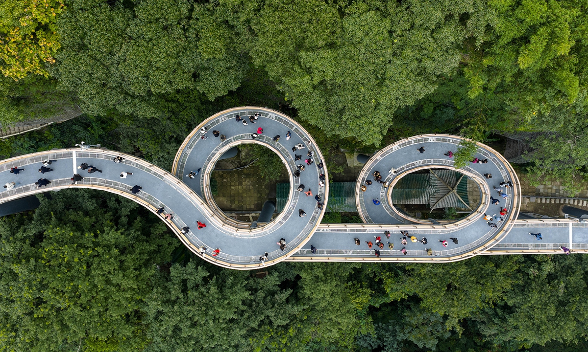 People tour the E'ling Cliffside Bridge on the mid-mountain skyline in Southwest China's Chongqing on November 12, 2025. The site officially opened to the public recently, adding one more scenic spot in Chongqing Municipality. Photo: VCG