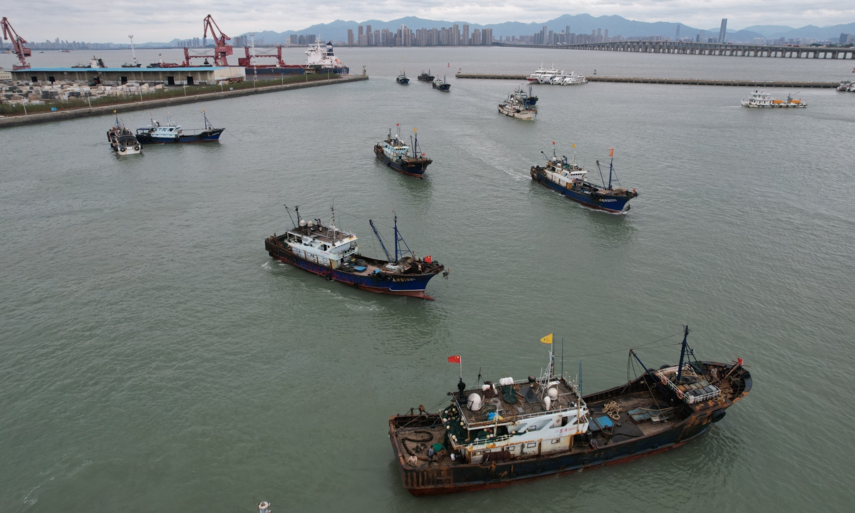 A large number of fishing boats in East China's Fujian Province sail into port on November 10, 2025 to take shelter from the Typhoon Fung-wong. Photo: VCG