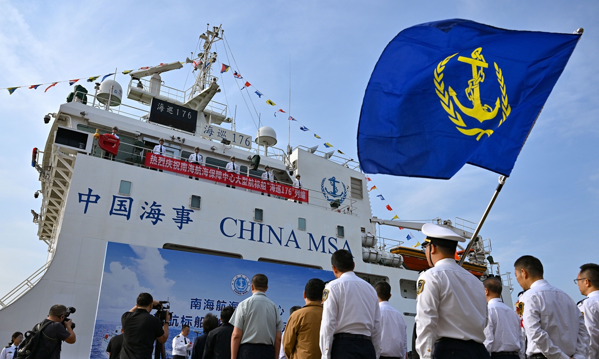 The 2,000-ton Haixun 176 buoy tender, independently designed and built by China, is officially commissioned to South China Sea Navigation Support Center under the Ministry of Transport on November 13, 2025. Photo: Xinhua
