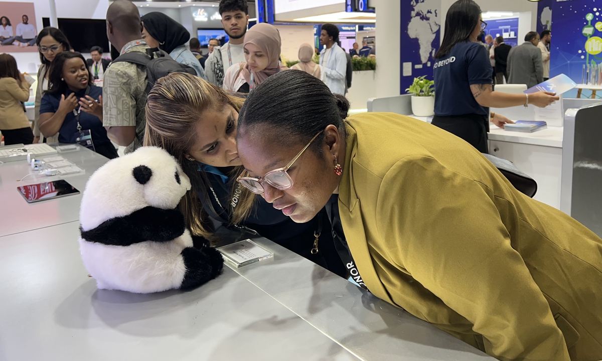 Two attendees to the 28th Africa Tech Festival that is held in Cape Town, South Africa, on November 11, 2025 local time, learn about a plush toy giant panda integrated with artificial intelligence systems in the Chinese enterprises' exhibition area. Photo: VCG