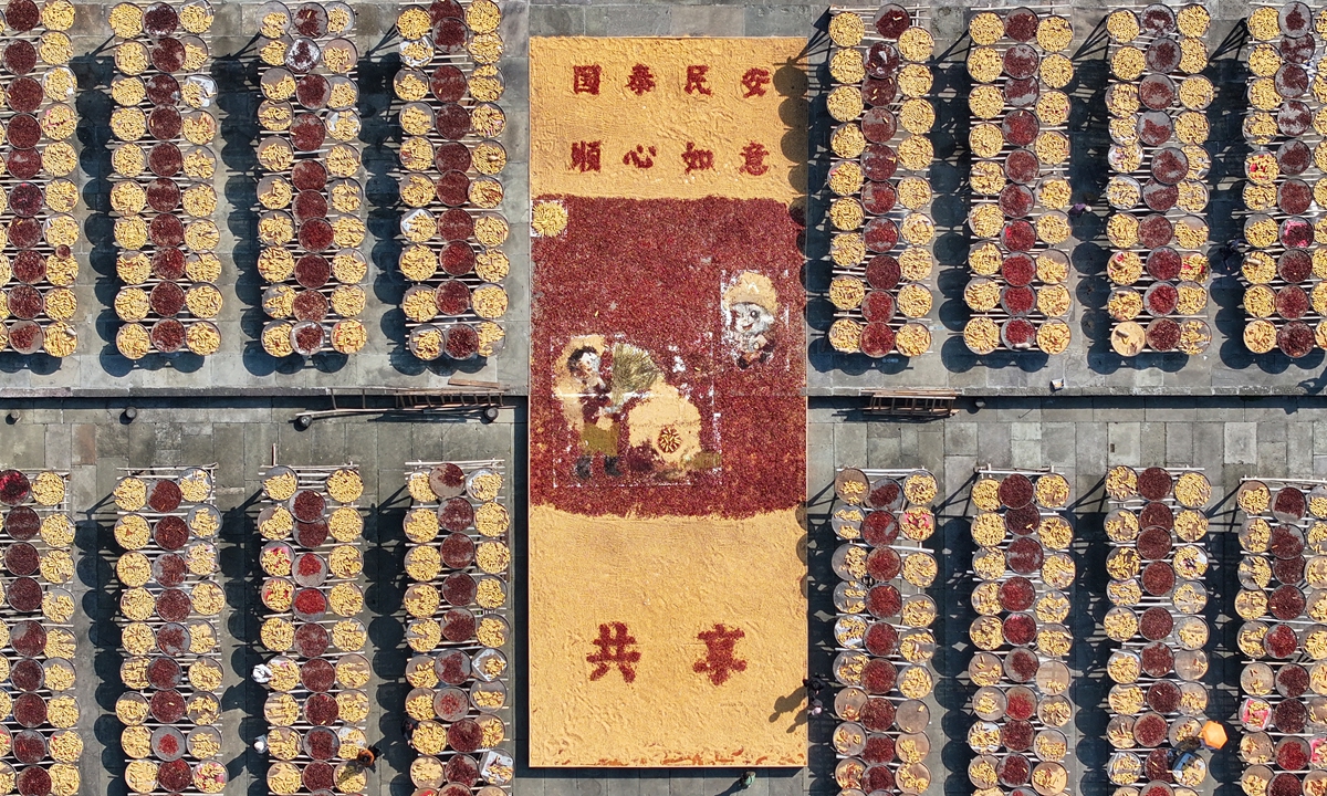 Villagers dry crops in the square of Chengkan Ancient Village, Huangshan, East China's Anhui Province on November 14, 2025. Photo: VCG