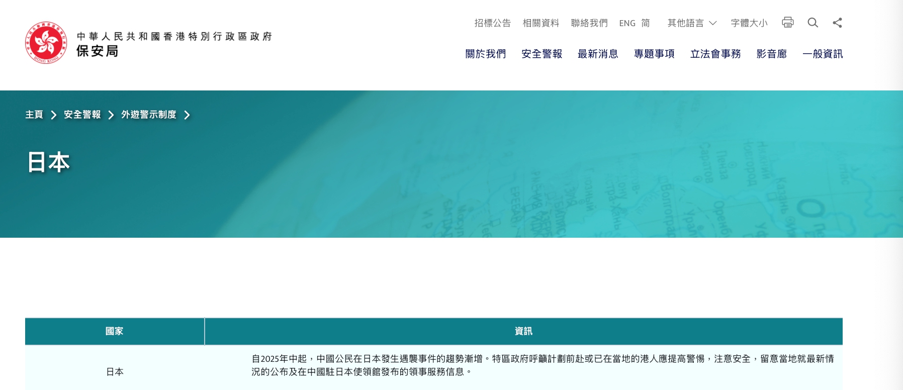 The Hong Kong Security Bureau updated the outbound travel information on November 15, 2025 on its website regarding Japan. Photo: Screenshot of the website of the bureau