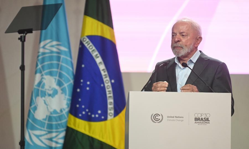Brazilian President Luiz Inacio Lula da Silva speaks during the opening ceremony of the 30th United Nations climate change conference in Belem, Brazil, Nov. 10, 2025. (Photo by Lucio Tavora/Xinhua)