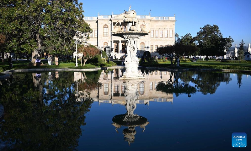 This photo taken on Nov. 15, 2025 shows an exterior view of the Dolmabahce Palace in Istanbul, Türkiye. The Dolmabahce Palace, located on the shores of the Bosphorus, was once used as a royal garden. The name Dolmabahce literally means filled garden, hinting at the historical fact that the palace and its grounds were constructed on a former bay of the Bosphorus that was deliberately filled in during the 17th century. Since 1984, the Dolmabahce Palace, along with its original furnishings, has been open to the public as a palace museum. (Xinhua/Liu Lei)