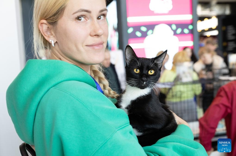 A woman holds a cat at a charity event for adopting stray cats and dogs in Vladivostok, Russia, Nov. 15, 2025. (Photo by Andrey Matveenko/Xinhua)