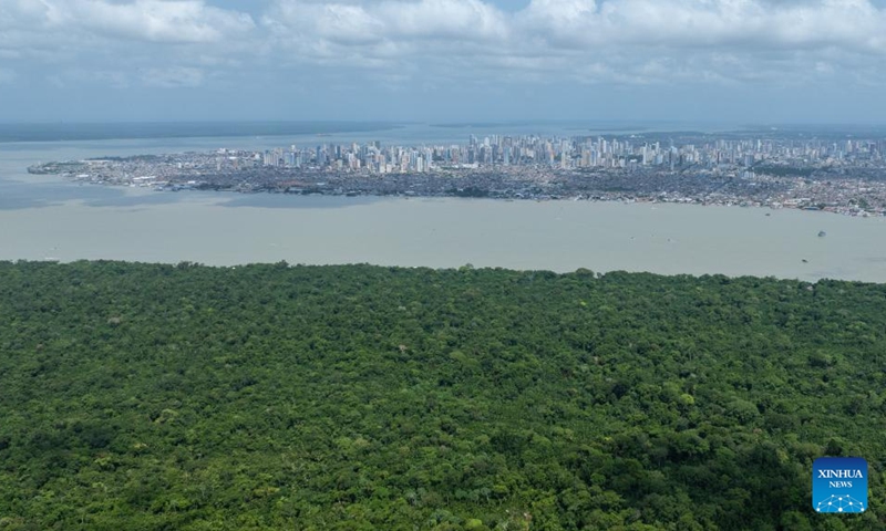 An aerial drone photo taken on Nov. 16, 2025 shows tropical rainforest and waterways in Belem, Brazil. (Xinhua/Wang Tiancong)