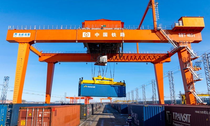 This aerial drone photo taken on Nov. 15, 2025 shows the transshipment yard at Tongjiang North Railway Station in Tongjiang City, northeast China's Heilongjiang Province. As an important part of the eastern corridor of the China-Europe freight train service, Tongjiang Railway Port has handled a total of 273 China-Europe freight train trips since it was launched in 2022, with over 14 million tonnes of imported and exported goods, according to data from China Railway Harbin Group Co., Ltd. Photo: Xinhua