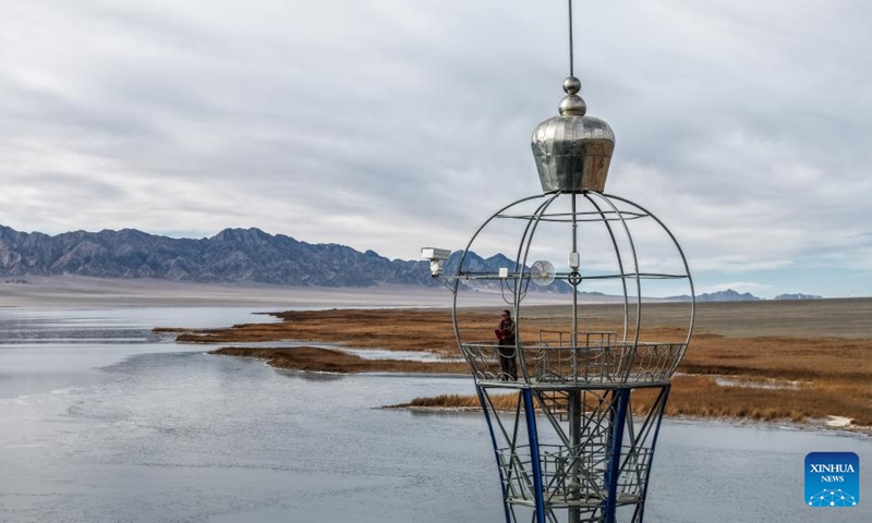 A drone photo taken on Nov. 16, 2025 shows a forest ranger monitoring the ice conditions on the lake from a lookout tower in Dasugan Lake Provincial Migratory Bird Nature Reserve in Kazak Autonomous County of Aksay, Jiuquan, northwest China's Gansu Province. Dasugan Lake and Xiaosugan Lake are connected and are both formed by the meltwater from the Qilian Mountains. A unique phenomenon is that the upstream Xiaosugan Lake is a freshwater lake, while the downstream Dasugan Lake is a saline lake.

Together, they nurture a vibrant ecological wetland in the vast Gobi Desert, serving as an important stopover and breeding habitat for migratory birds along China's migration routes. Photo: Xinhua