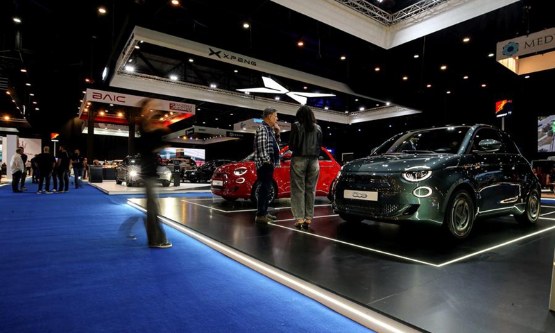 People visit the third edition of the e-Motor Show Middle East in Beirut, Lebanon, Nov. 12, 2025. (Xinhua/Bilal Jawich)